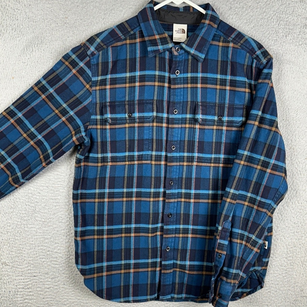 The North Face Shirt Mens Medium Blue Orange Flannel Plaid Button Up Long Sleeve